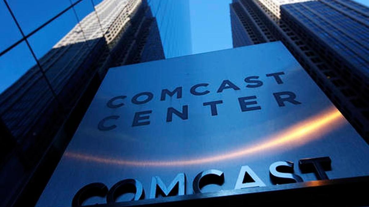 A sign outside the Comcast Center is seen in Philadelphia.