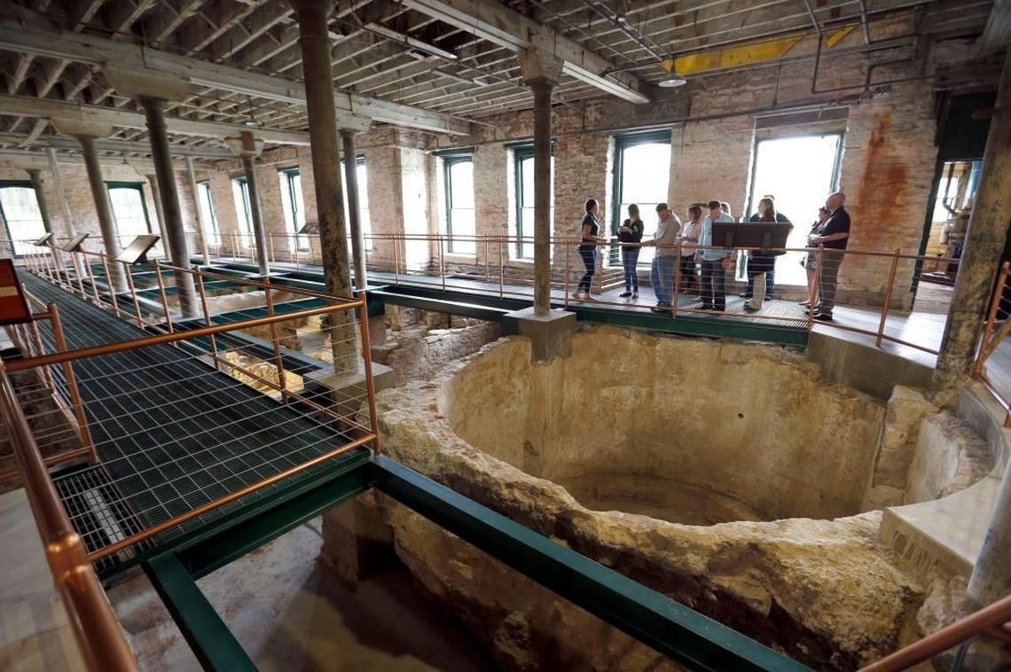 A group visiting Buffalo Trace to select a barrel of bourbon for a private bottling toured the Bourbon Pompeii ruins. Catwalks have been installed so that people can peer down into the tanks and vats used to make bourbon more than 100 years ago.