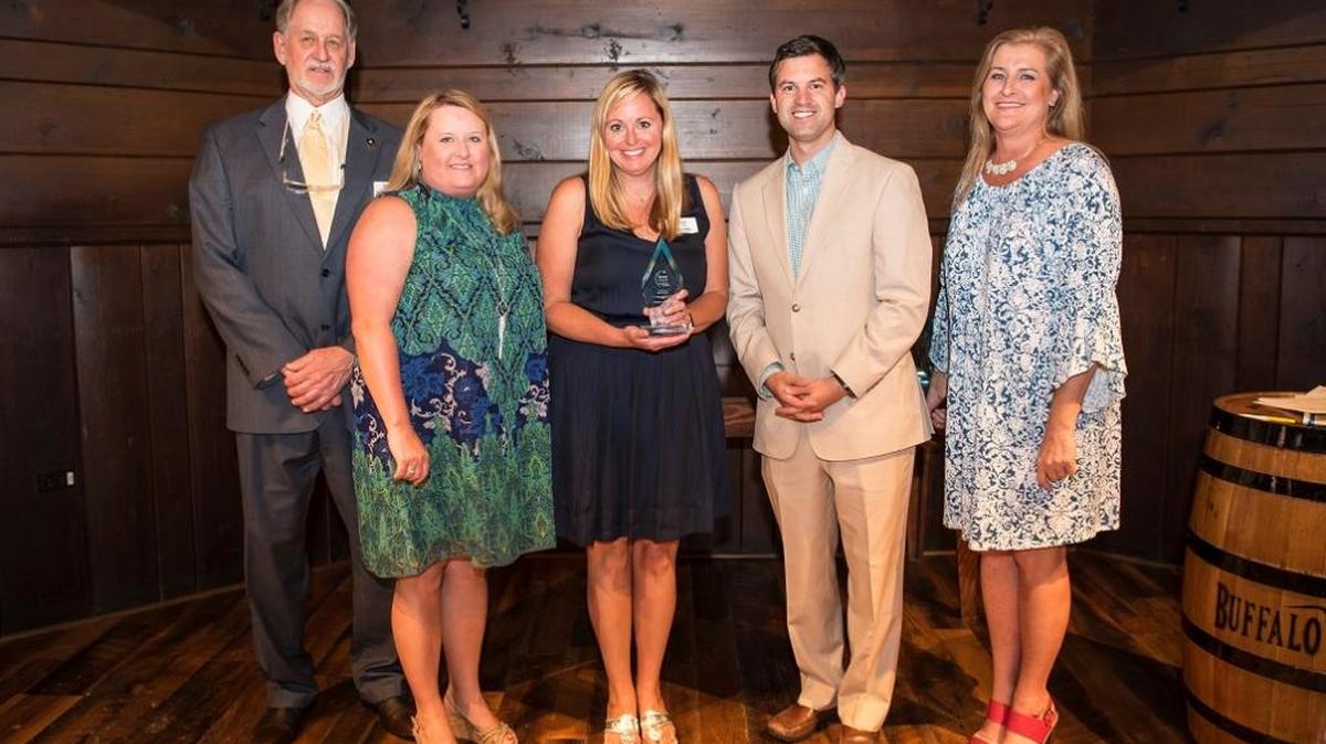 Commerce Lexington’s Emerge Conference has received an Excellence Award from the Kentucky Chamber of Commerce Executives (KCCE). From left, Brad Richardson, KCCE president and president of the Hardin County Chamber of Commerce; Kristie Woodrum, Commerce Lexington business development manager; Dana Zinger, Commerce Lexington assistant vice president, membership development; Matt Valego, Infintech and sponsor of the annual KCCE conference; and Amy Cloud, KCCE executive director.