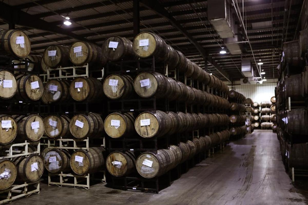 The cold storage area holds two football fields of barrels containing Kentucky Bourbon Barrel Ale at Alltech Brewing's production facility in Lexington.