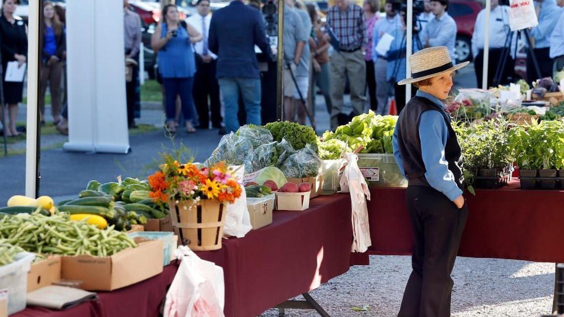Melvin Stoltzfus, 10, of Bath County stood at his family’s booth at the Lexington Farmers Market. He was helping his dad sell produce they grew on their farm.