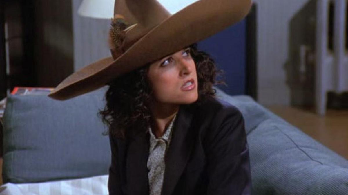 Elaine, played by Julia Louis-Dreyfus, wearing an urban sombrero felt hat in an episode of the TV show “Seinfeld.”