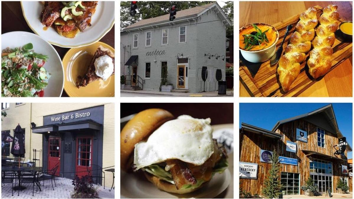 With an influx of new restaurants in the past year, including Honeywood (top left), Carson’s (top right), DV8 Kitchen (bottom middle), and The Barn Food Hall at The Summit at Fritz Farm (bottom right), several locally owned Lexington restaurants, including Enoteca (top middle) and Wines on Vine (bottom left), have closed due to competitive pressure.
