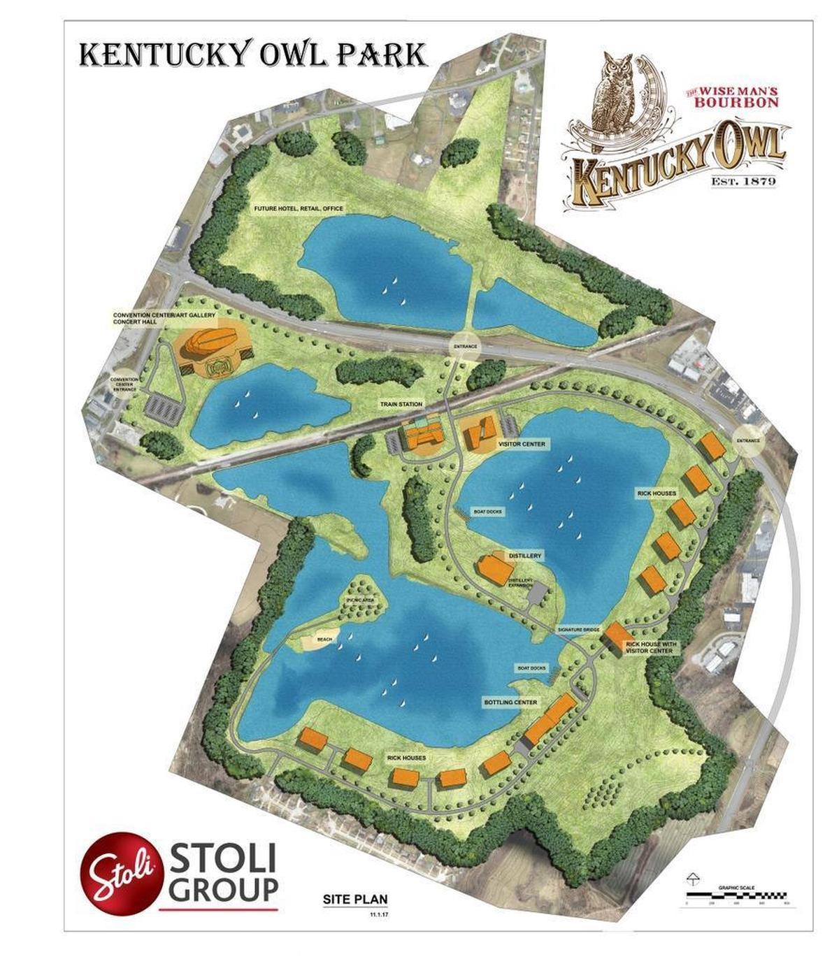 The site plan released in 2017 for the Kentucky Owl Park planned by Stoli Group for Bardstown includes a distillery, rickhouses and bottling center on one side a lake, with a convention center, restaurant and visitors center on the other side.
