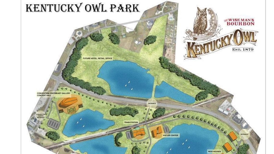 The site plan released in 2017 for the Kentucky Owl Park planned by Stoli Group for Bardstown includes a distillery, rickhouses and bottling center on one side a lake, with a convention center, restaurant and visitors center on the other side.