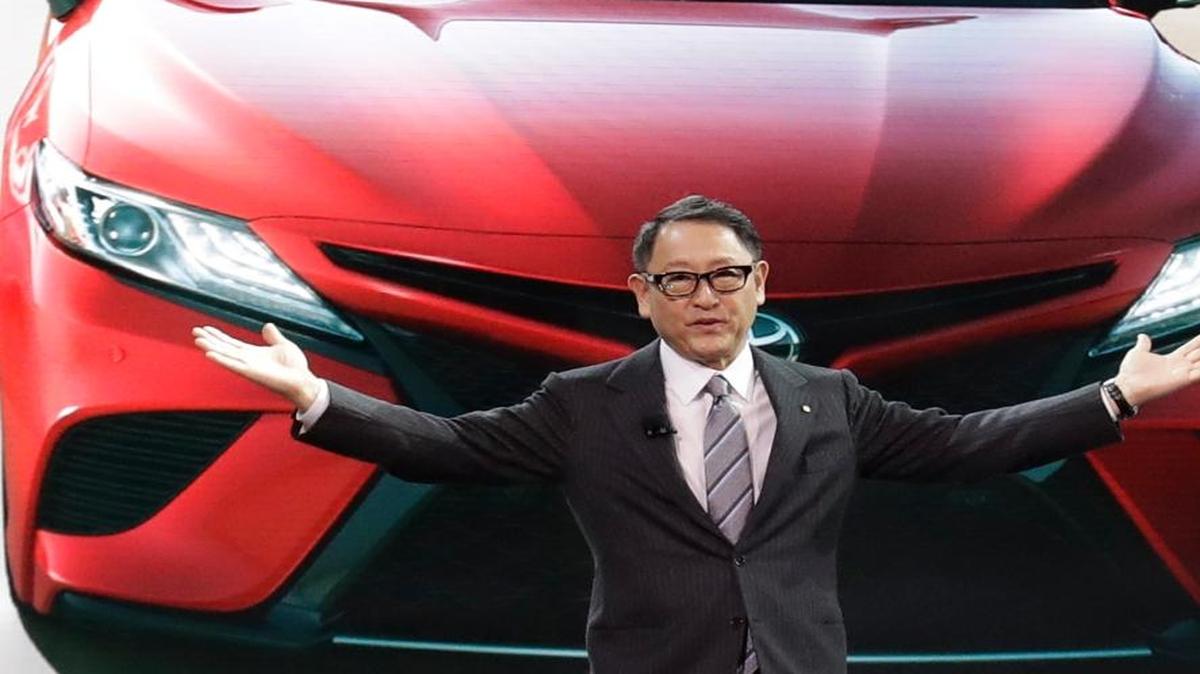 Toyota President Akio Toyoda introduces the 2018 Toyota Camry at the North American International Auto show, Monday in Detroit.