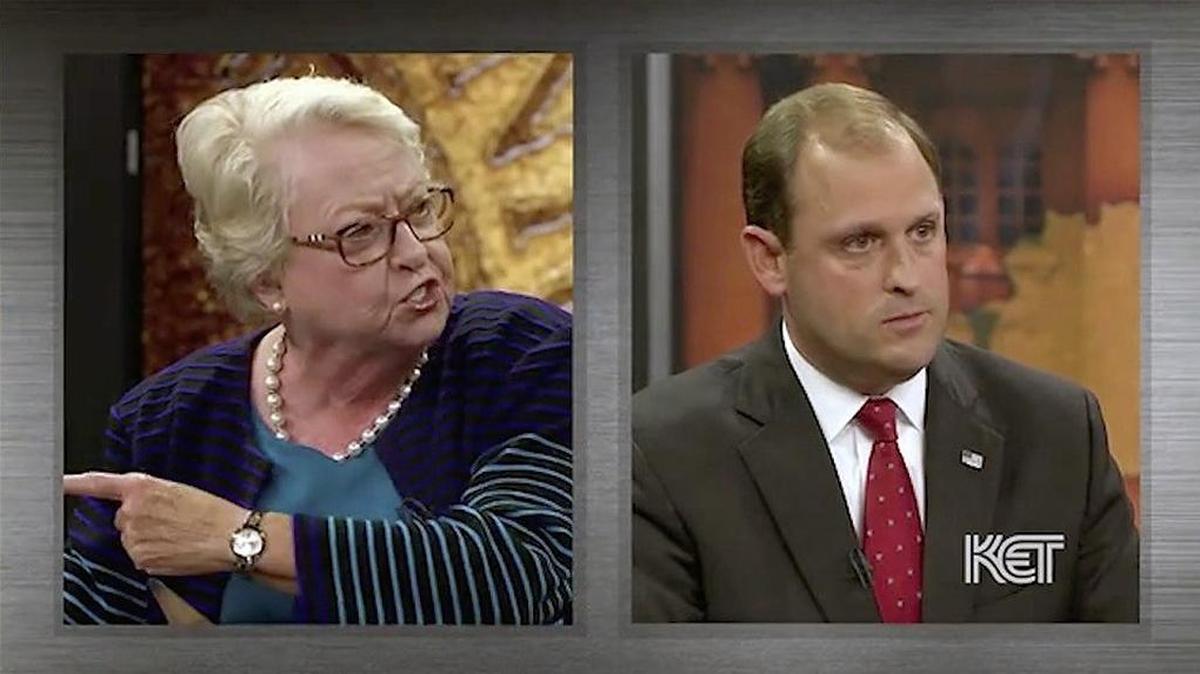The Rev. Nancy Jo Kemper challenges U.S. Rep. Andy Barr on his statements about the minimum wage during their first debate Oct. 24 on Kentucky Educational Television. Kemper, a Democrat, is trying to unseat Barr, a Republican, in the 6th District congressional race.