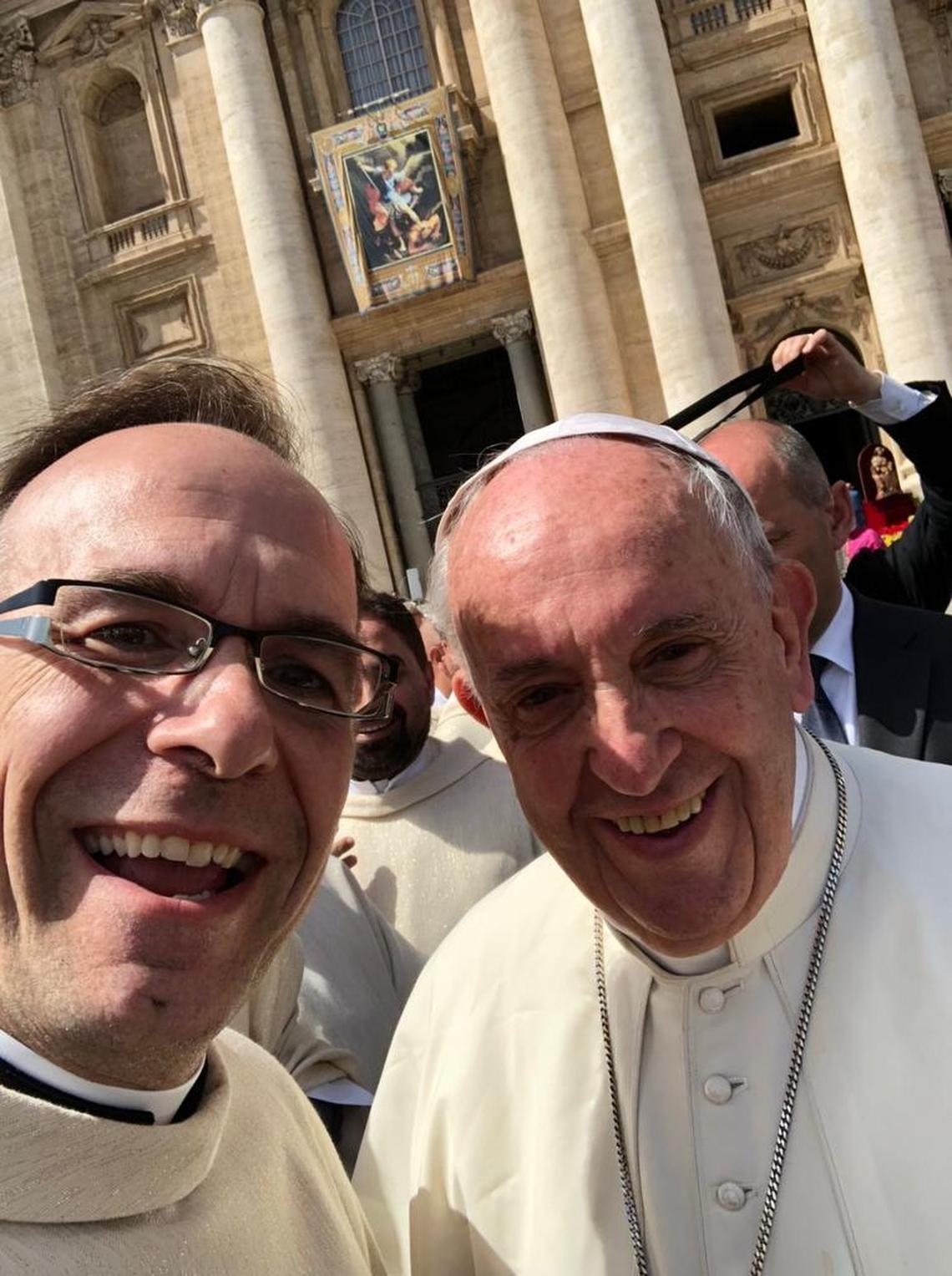 Father Jim Sichko took a selfie with Pope Francis after a mass on April 8 in Rome. Sichko is one of 100 papal missionaries of mercy in the U.S.