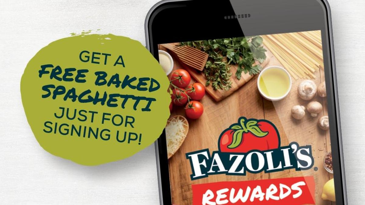 The Fazoli’s Rewards app lets customers place orders and rack up points toward discounts on food, starting with a free baked spaghetti just for downloading and signing up.