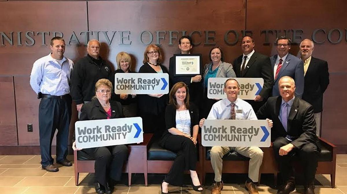 Jessamine County has been certified as a Kentucky Work Ready Community. Front row, from left, City Commissioner Betty Black, Director of Jessamine County Adult Education Mary Newton, Jessamine County Schools Superintendent Matt Moore and State Representative Russ Meyer. Back row, from left, Magistrate Justin Ray, Nicholasville Police Chief Barry Waldrop, City Commissioner Patty Teater, Jessamine County Schools Director of Secondary Schools Hannah Campbell, Judge Executive David West, Jessamine Career and Technology Center Assistant Principal Christi Hack, City Commissioner Doug Blackford, Nicholasville Mayor Pete Sutherland and City of Nicholasville Director of Finance Bob Amato.