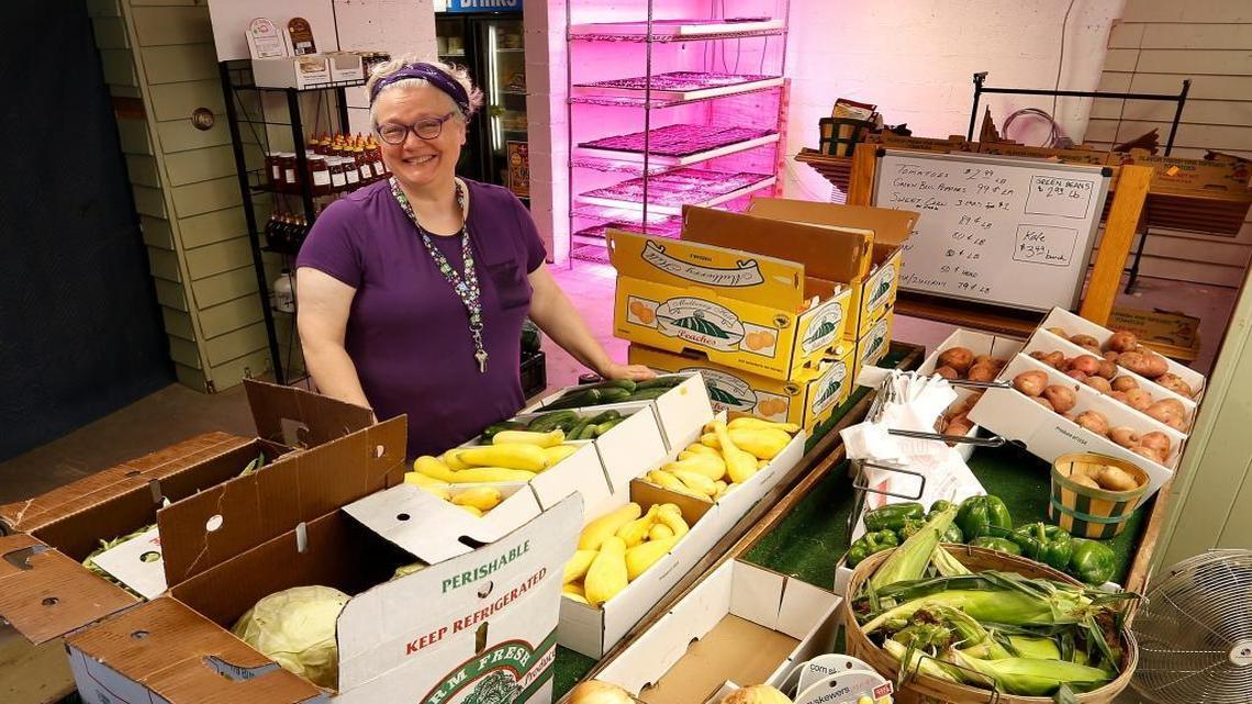 Marie Henderson in her store, Henderson's Eclectic Emporium, formerly Judy's Garden Shop and an old service station, at the corner of East Main St. and South Ashland Ave. in Lexington. Henderson, the current owner, grew up around the corner when her dad ran the service station at this location. The pink light in the background is part of their SuperGrow indoor vegetable growing system.