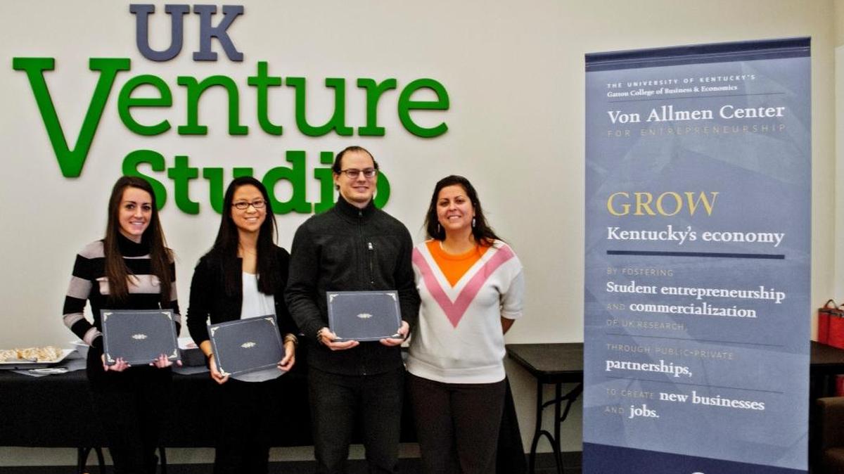 During last semester’s University of Kentucky Venture Studio Entrepreneur Boot Camp, Team Vivify worked on a wearable biomedical device invented by Dr. Lumy Sawaki of Cardinal Hill Hospital that would help improve shoulder therapies for stroke patients. From left are Lauren Rinke, marketing and management; Laura Schoettmer, mechanical engineer; Chris Schildt, biomedical engineer, and Mariam Gorjian, team coach and Venture Studio’s commercialization specialist.