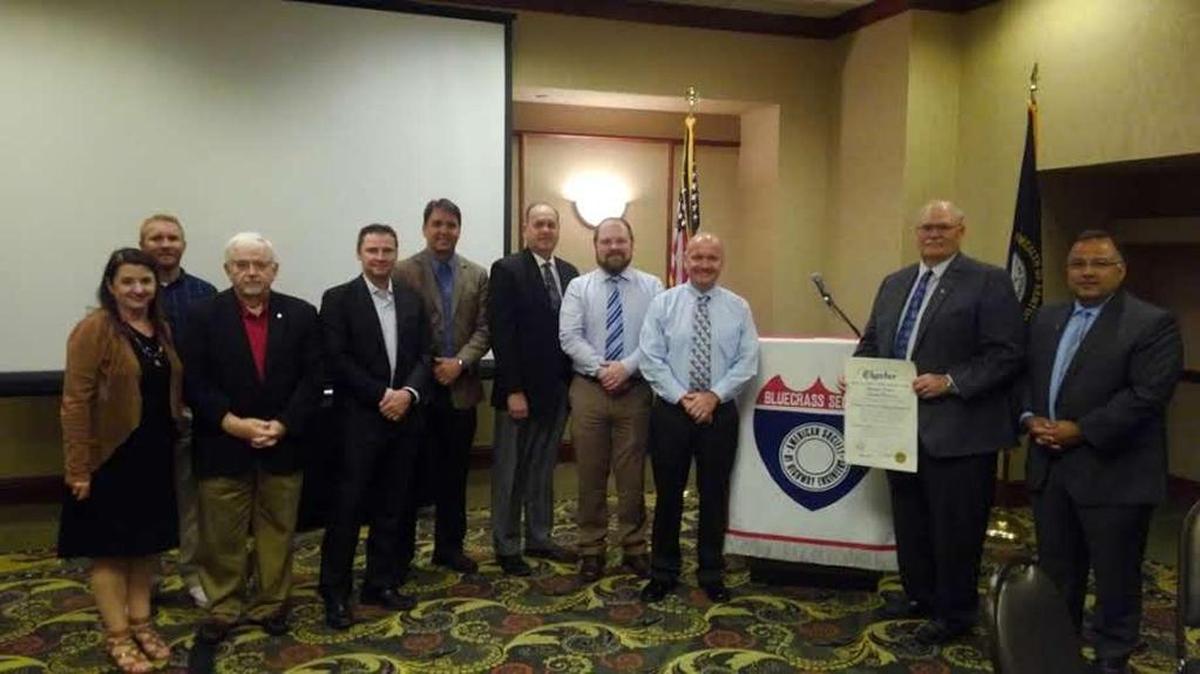 The following attended a chartering session in Lexington recently for the American Society of Highway Engineers, Bluegrass Chapter. From left, Caroline Duffy, regional ASHE director; Jay Main, Bluegrass Chapter treasurer; Frank O’Hare, national ASHE treasurer; Tim Matthews, national ASHE director; Greg Dutton, incoming ASHE national president; Stan Harris, national ASHE director; Adam McLain, Bluegrass Chapter vice president; Kevin Damron, Bluegrass Chapter president; Larry Ridlen, former ASHE national president; and Frank Bronzo, national ASHE director.
