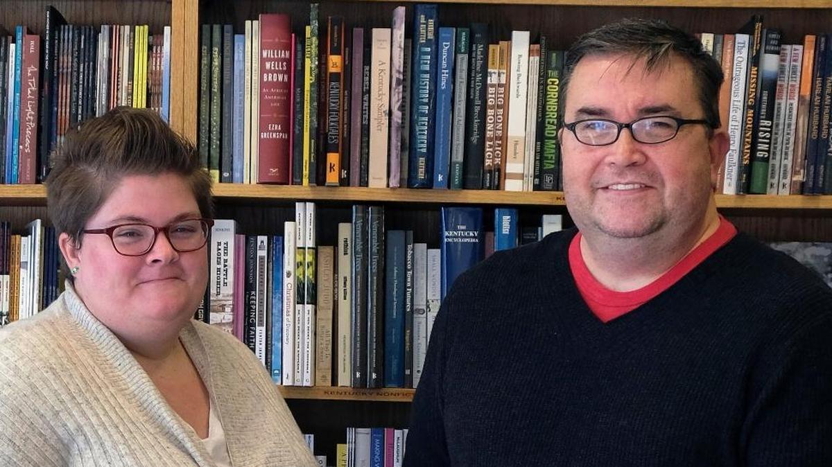Savannah Sipple, left, and Jay McCoy, at The Morris Book Shop in 2016. The two are opening Brier Books, down the road from the former Morris Book Shop location.