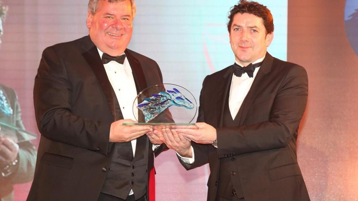 Geoffrey Russell, left, accepted the Wild Geese Award from Enda Stanley of Derrinstown Stud.