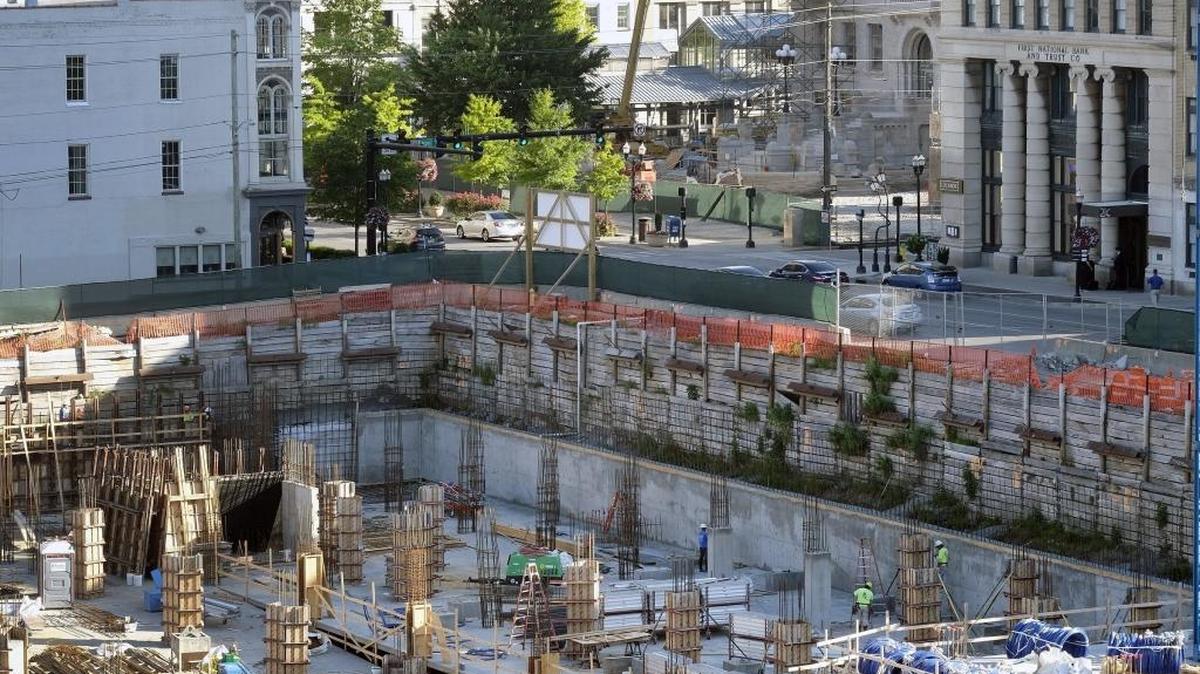 After many delays over the past nine years, work is progressing on the underground parking garage of the CentrePointe development downtown. This view is at the corner of Main and Upper street.