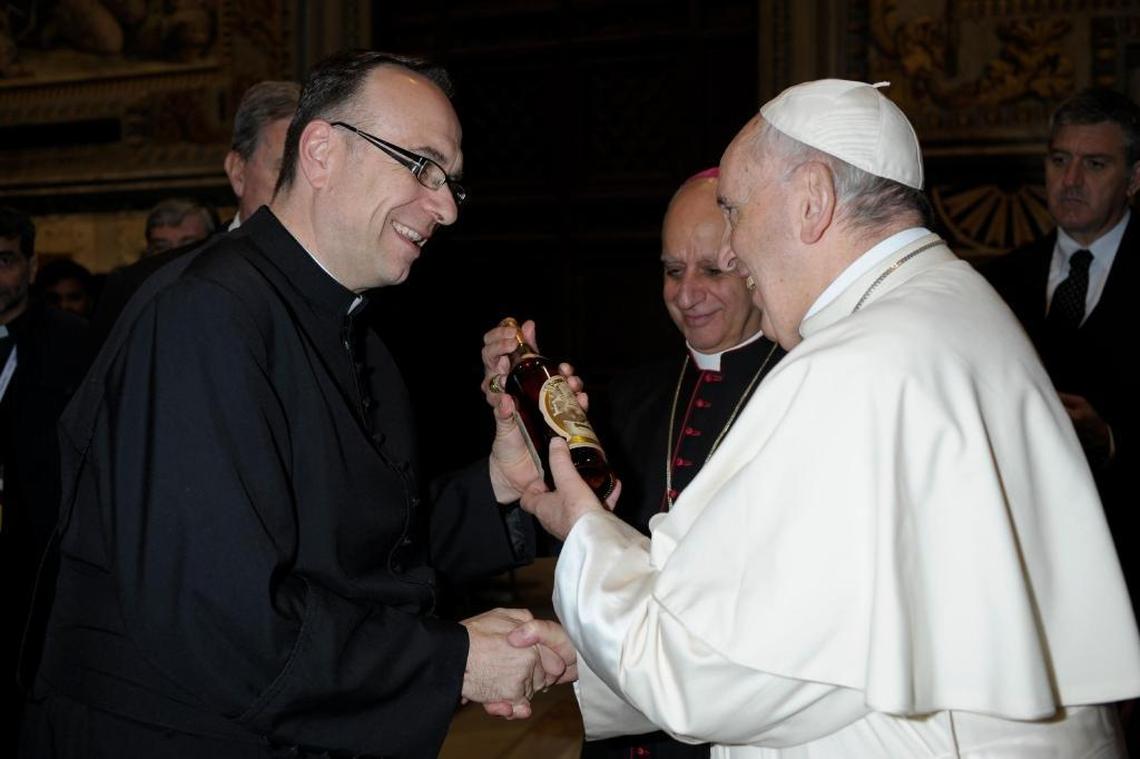 Father Jim Sichko presented a bottle of 23-year-old Pappy Van Winkle to Pope Francis during a private audience at the Vatican in April. The Pope “was delighted,” Sichko tweeted.