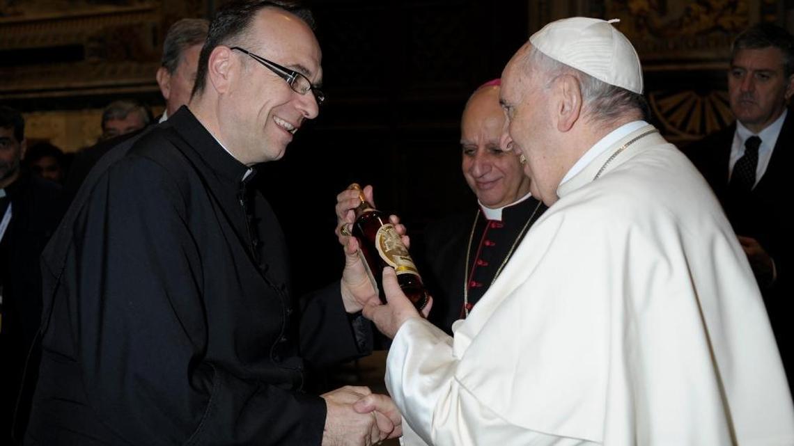 Father Jim Sichko presented a bottle of 23-year-old Pappy Van Winkle to Pope Francis during a private audience at the Vatican in April. The Pope “was delighted,” Sichko tweeted.