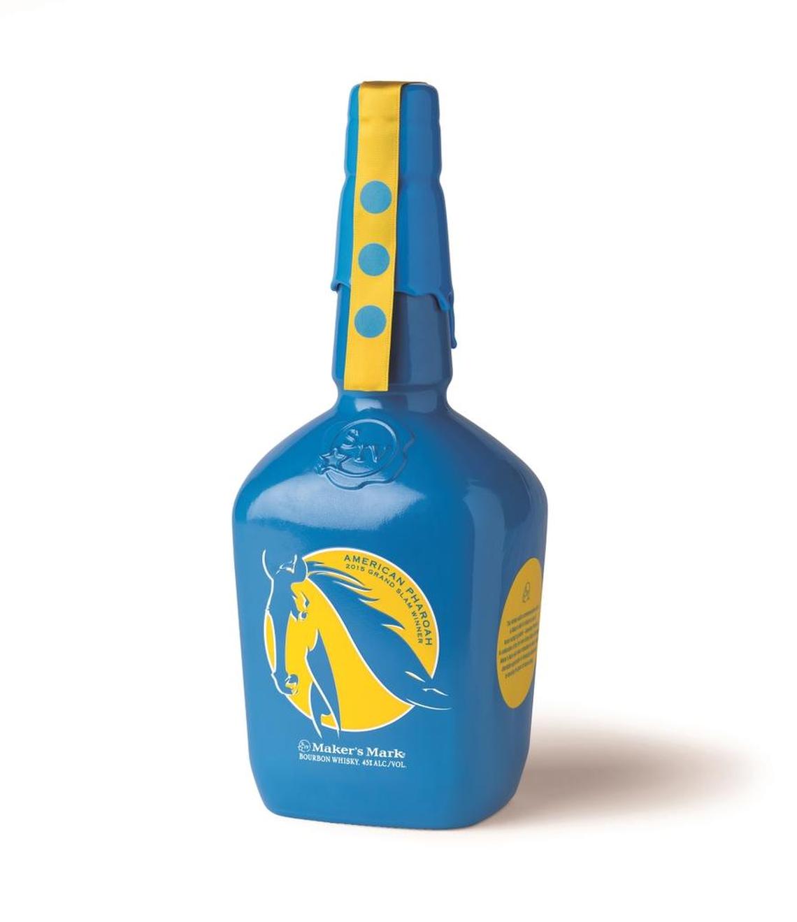 The Maker’s Mark American Pharoah bottle commemorates his 2015 Triple Crown win, as well as the Breeders’ Cup Classic victory. The bottle sold for about $75.