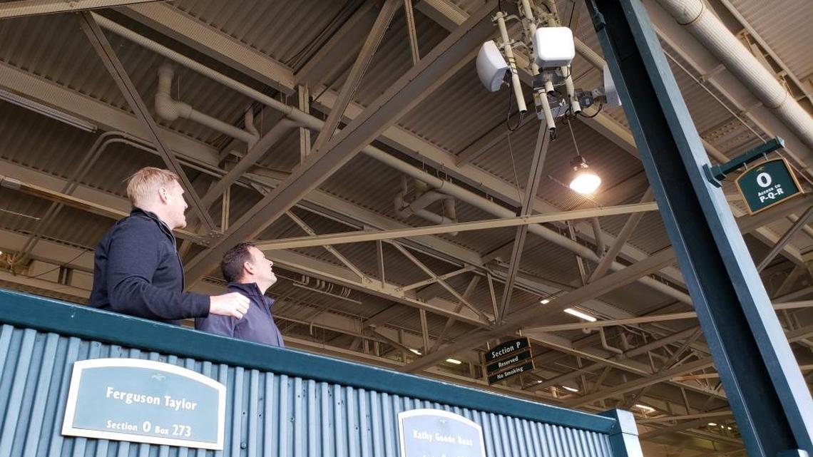 Verizon network engineers Jake Thomas, left and Neil Sheffler, helped make the upgrades at Keeneland’s grandstand a reality.