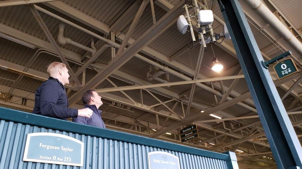 Verizon network engineers Jake Thomas, left and Neil Sheffler, helped make the upgrades at Keeneland’s grandstand a reality.