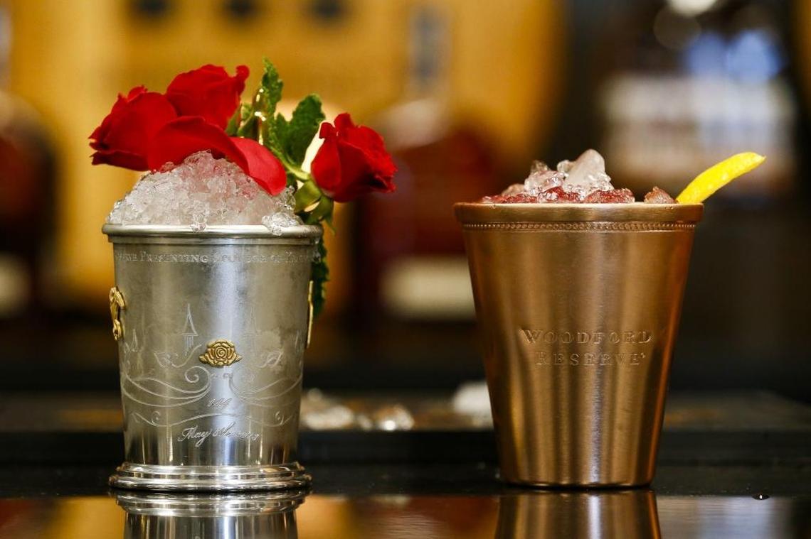 The $1,000 Mint Julep Bluegrass Cup, left, and Woodford Reserve Spire, right, were shown for the first time at Churchill Downs in this file photo.