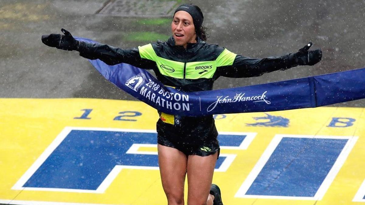 Desiree Linden, of Washington, Mich., wins the women’s division of the 122nd Boston Marathon on April 16 in Boston. She is the first American woman to win the race since 1985.