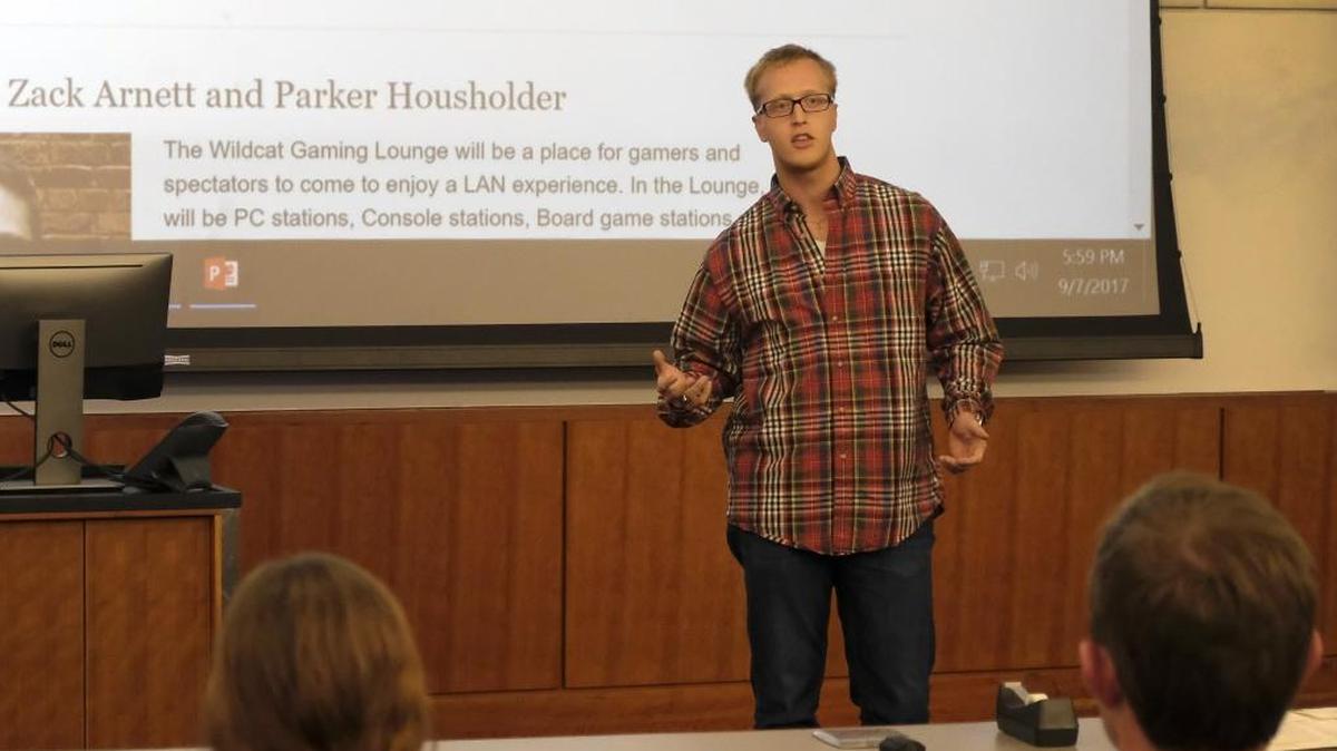 Luke Dodge makes his initial pitch Sept. 7 at the opening session of UK's Entrepreneurs Bootcamp. His proposed company would sell camping equipment online. The bootcamp is run by the Von Allmen Center for Entrepreneurship at UK's Gatton College of Business and Economics.