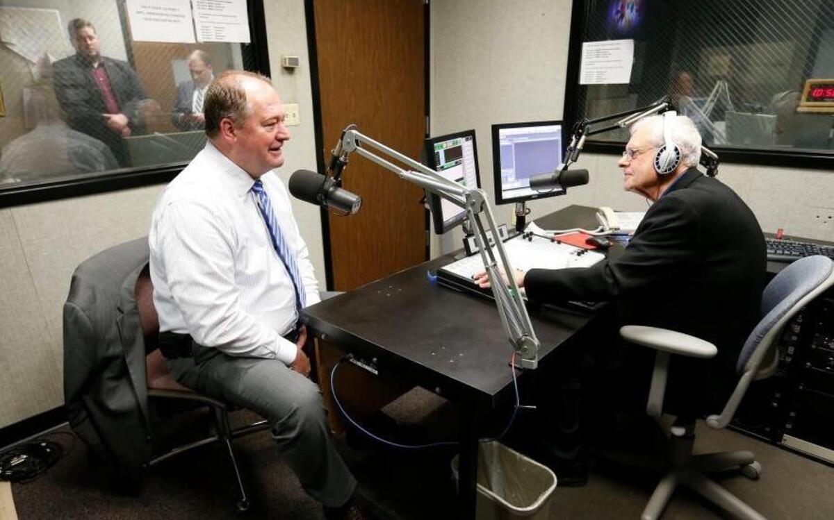 State Speaker of the House Jeff Hoover, left, was interviewed by John Hingsbergen in the WEKU studios located on the ground floor in the Carl D. Perkins Building on the Eastern Kentucky University campus in Richmond on March 9. Hingsbergen is associate manager/program director at WEKU.