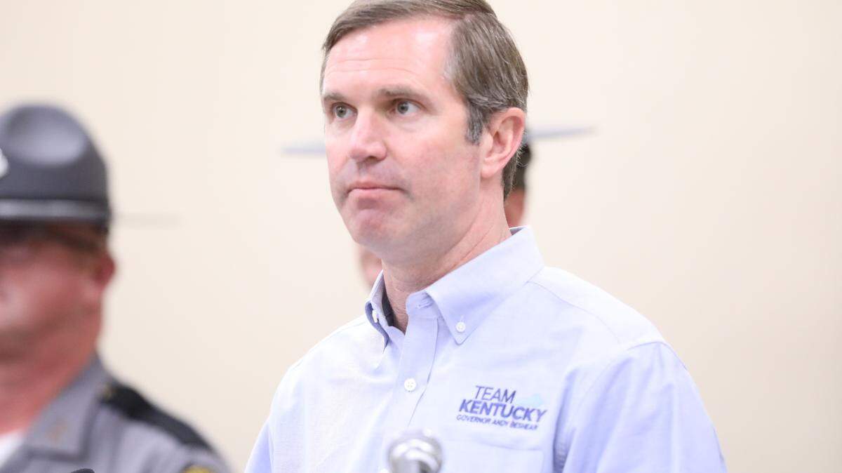Gov. Andy Beshear provides updates during a press conference held at the London Community Center, on day 11 of the search for mass shooter, 32-year-old Joseph Couch on September 17, 2024, in London, Ky.