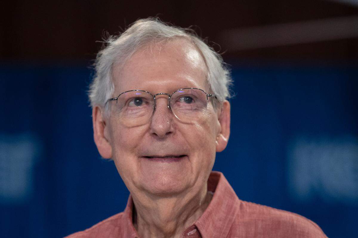 Senate Minority Leader Mitch McConnell (R-Ky.) smiles during the annual St. Jerome Fancy Farm Picnic in Fancy Farm, Ky., on Saturday, Aug. 5, 2023.
