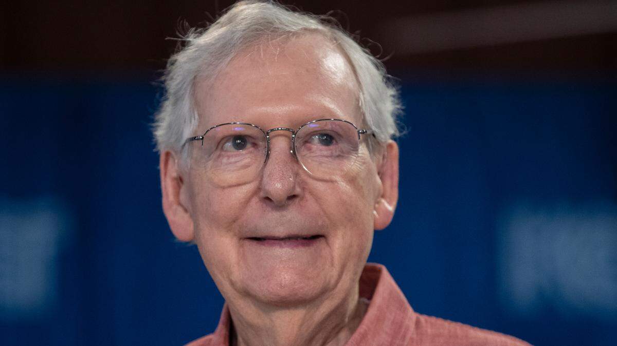 Senate Minority Leader Mitch McConnell (R-Ky.) smiles during the annual St. Jerome Fancy Farm Picnic in Fancy Farm, Ky., on Saturday, Aug. 5, 2023.