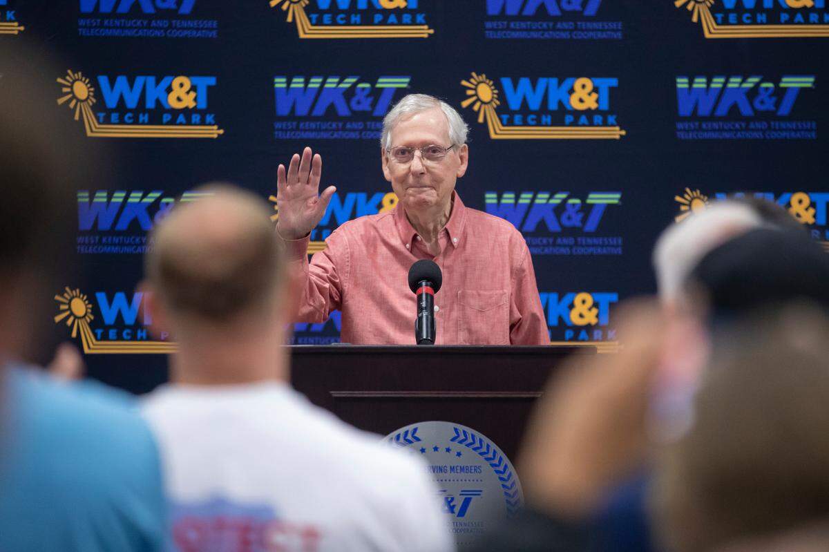Senate Minority Leader Mitch McConnell (R-Ky.) receives a standing as he stands at the podium to give a speech the Graves County Republican Party Breakfast at WK&T Technology Park in Mayfield, Ky., on Saturday, Aug. 5, 2023.