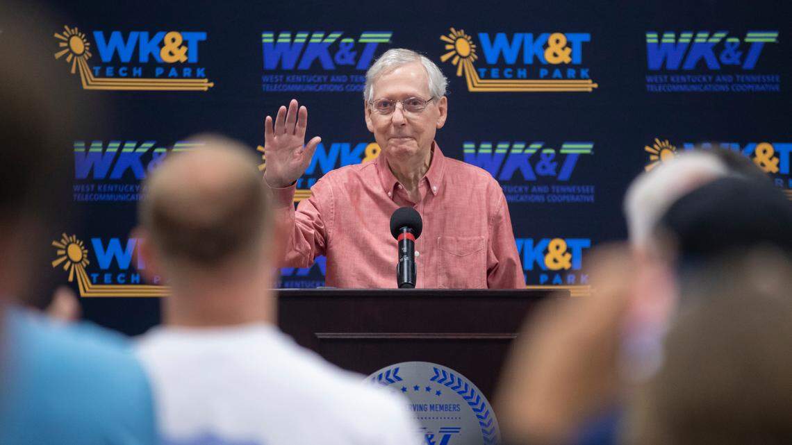 Sen. Mitch McConnell (R-Ky.) receives a standing ovation as he stands at the podium to give a speech the Graves County Republican Party Breakfast at WK&T Technology Park in Mayfield, Ky., on Saturday, Aug. 5, 2023.