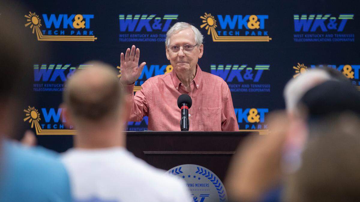 Senate Minority Leader Mitch McConnell (R-Ky.) receives a standing as he stands at the podium to give a speech the Graves County Republican Party Breakfast at WK&T Technology Park in Mayfield, Ky., on Saturday, Aug. 5, 2023.