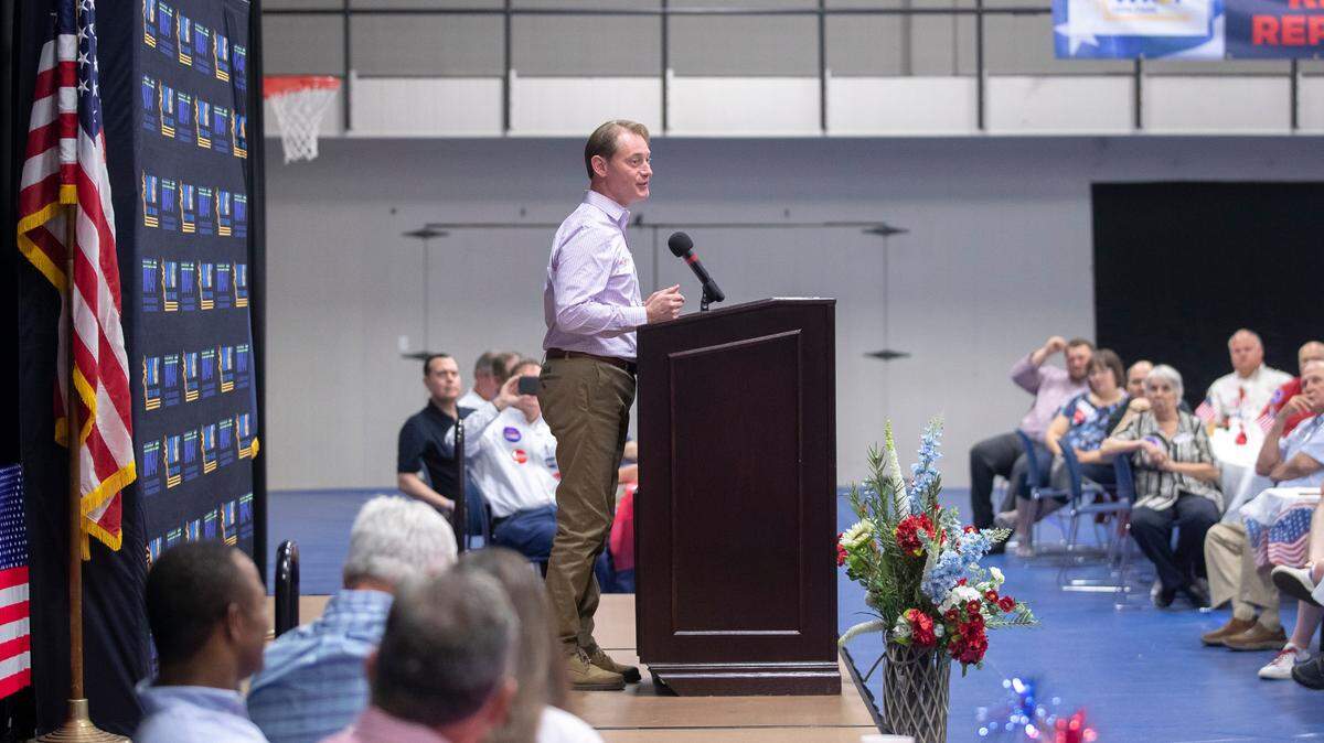 Kentucky Secretary of State Michael Adams speaks at the Graves County Republican Party Breakfast at WK&T Technology Park in Mayfield, Ky., on Saturday, Aug. 5, 2023. (Ryan C. Hermens/Lexington Herald-Leader via AP)