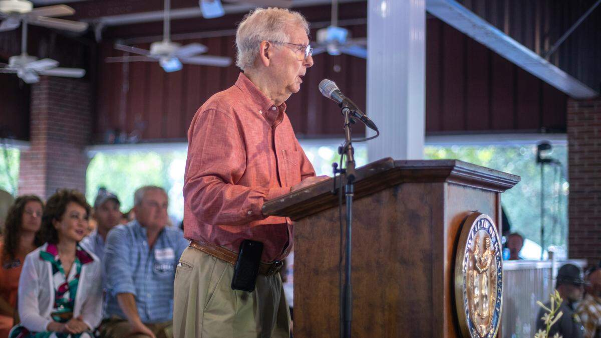 Senate Minority Leader Mitch McConnell (R-Ky.) speaks during the annual St. Jerome Fancy Farm Picnic in Fancy Farm, Ky., on Saturday, Aug. 5, 2023.
