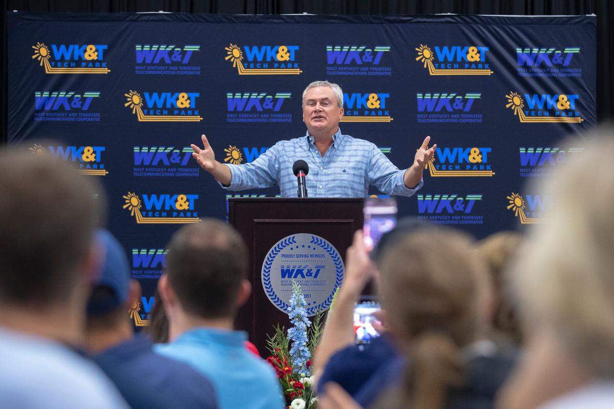 U.S. Rep. James Comer (R-Ky.) speaks at the Graves County Republican Party Breakfast at WK&T Technology Park in Mayfield, Ky., on Saturday, Aug. 5, 2023.