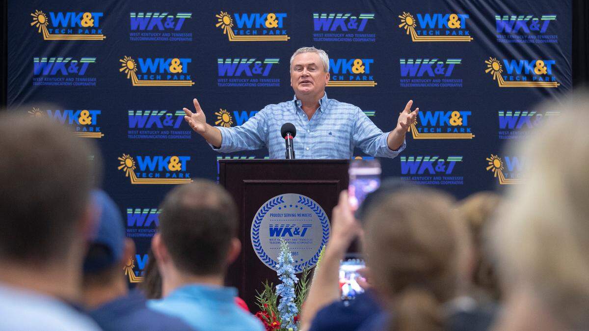 U.S. Rep. James Comer (R-Ky.) speaks at the Graves County Republican Party Breakfast at WK&T Technology Park in Mayfield, Ky., on Saturday, Aug. 5, 2023.