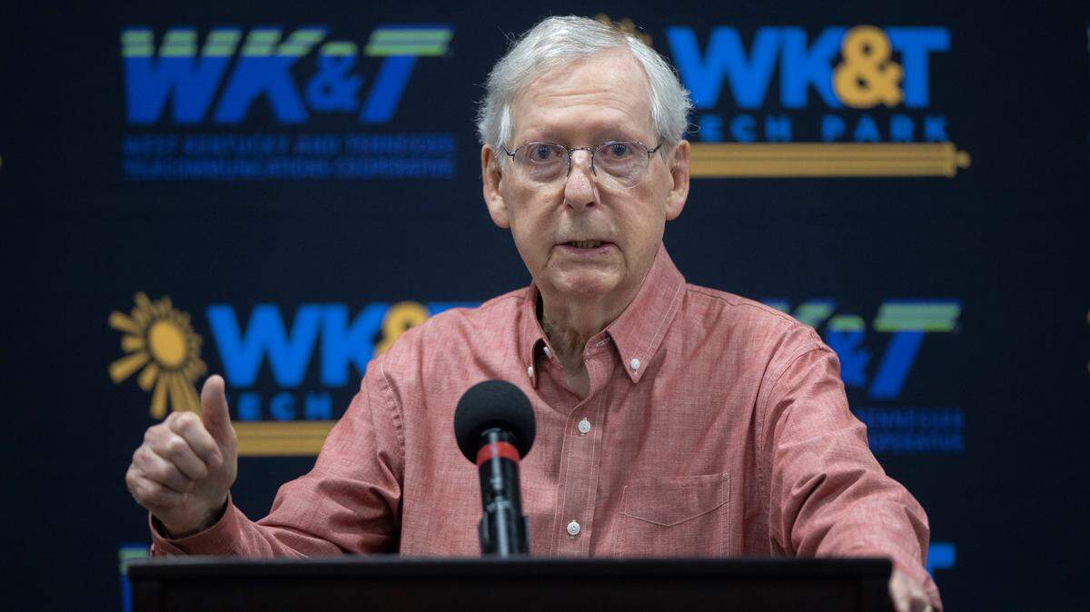 Senate Minority Leader Mitch McConnell (R-Ky.) speaks at the Graves County Republican Party Breakfast at WK&T Technology Park in Mayfield, Ky., on Saturday, Aug. 5, 2023.