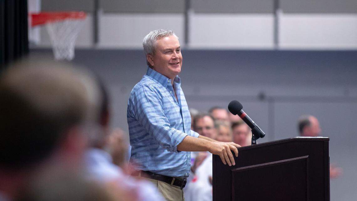 U.S. Rep. James Comer, R-Ky., speaks at the Graves County Republican Party Breakfast at WK&T Technology Park in Mayfield, Ky., Aug. 5, 2023. (Ryan C. Hermens/Lexington Herald-Leader via AP)