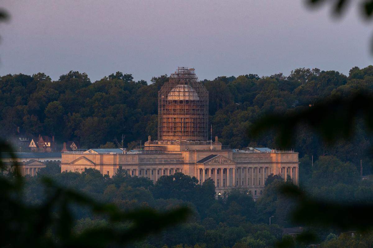The Kentucky state Capitol, with its dome under renovation, is photographed in Frankfort, Ky., on Wednesday, Aug. 30, 2023.