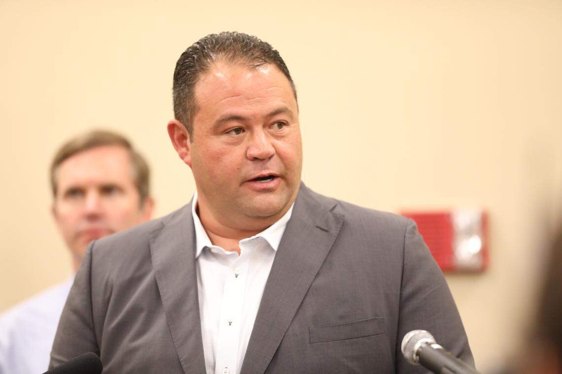 London Mayor Randall Weddle provides updates during a press conference held at the London Community Center on Sept. 17, 2024, in London, Ky.