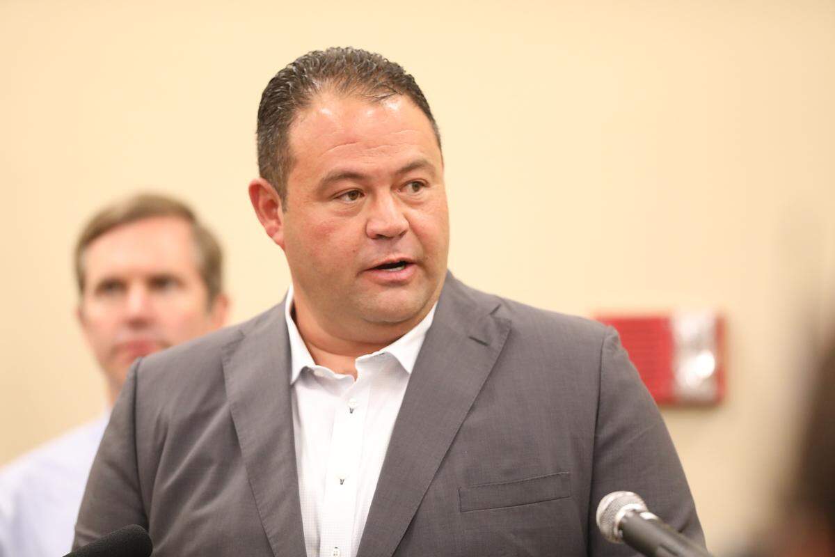 London Mayor Randall Weddle provides updates during a press conference held at the London Community Center, on day 11 of the search for mass shooter, 32-year-old Joseph Couch on September 17, 2024, in London, Ky.