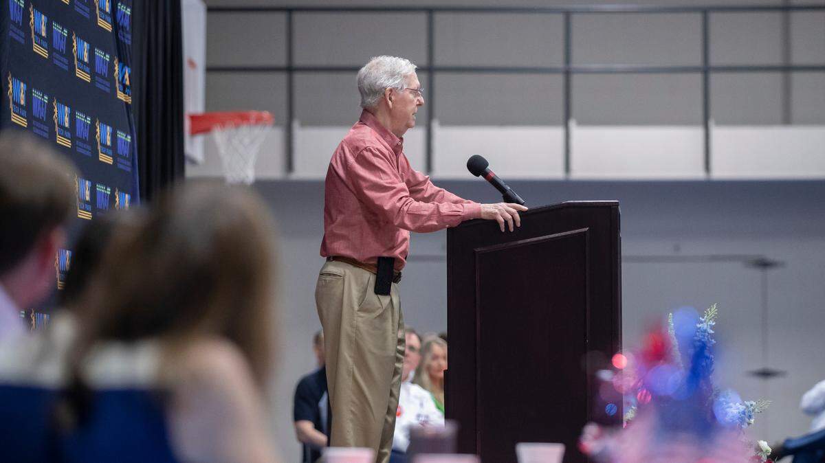 Senate Minority Leader Mitch McConnell (R-Ky.) speaks at the Graves County Republican Party Breakfast at WK&T Technology Park in Mayfield, Ky., on Saturday, Aug. 5, 2023.