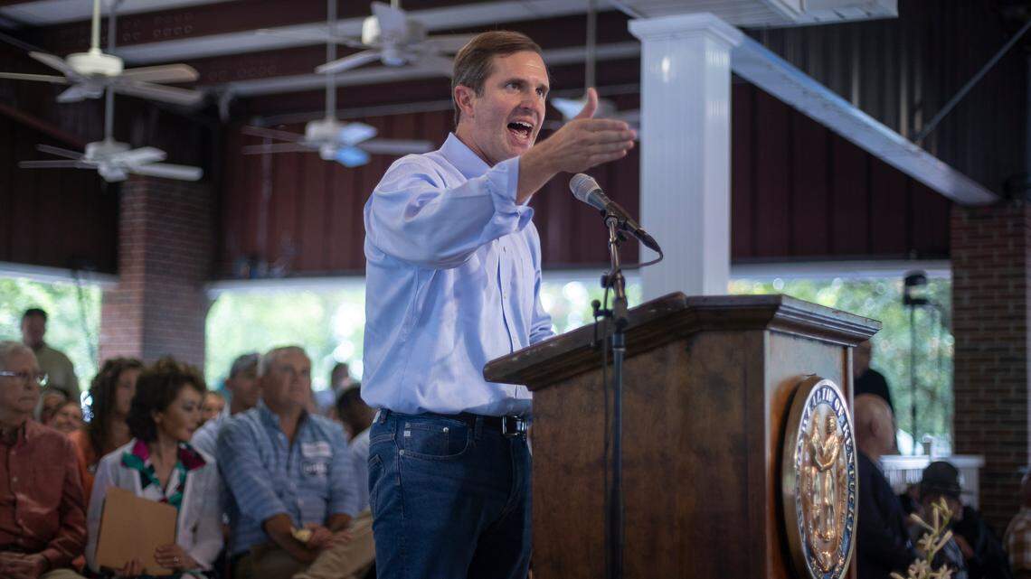 Kentucky Gov. Andy Beshear speaks during the annual St. Jerome Fancy Farm Picnic in Fancy Farm, Ky., on Saturday, Aug. 5, 2023.