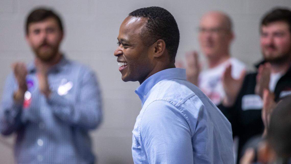 Kentucky Attorney General and Republican nominee for governor Daniel Cameron is greeted with applause as he arrives at the Graves County Republican Party Breakfast at WK&T Technology Park in Mayfield, Ky., on Saturday, Aug. 5, 2023.