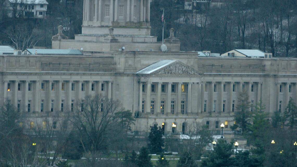 A view of the state capitol building from the Frankfort Cemetery, Dec. 2004.