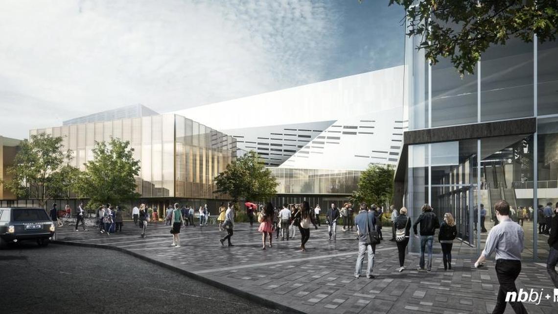 Renderings show a proposed new exterior for the Lexington Convention Center and Rupp Arena. This image shows the entrance from Main Street.