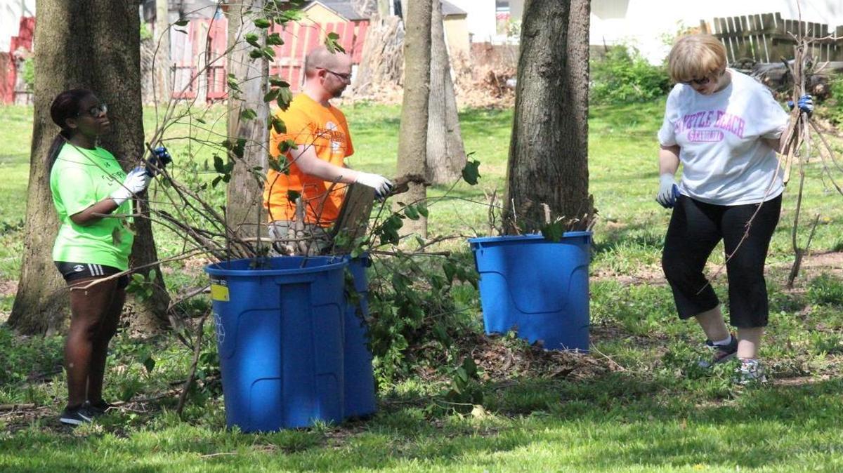 Volunteers picked up tree limbs that were cut during a cleanup at Douglass Park on Saturday.